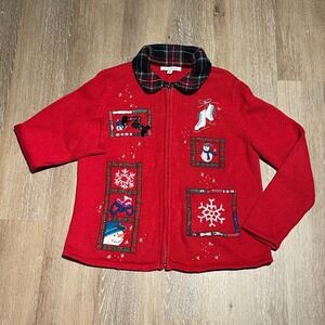 VTG Mercer Street Studio Petite Lg Christmas Sweater Red‎ Holiday Plaid Collar